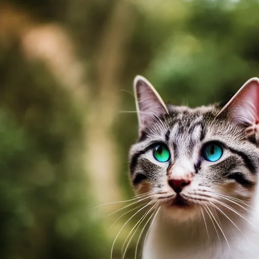 Image similar to photograph of a rainbow cat staring at the camera, shallow focus, wide angle lens, hyper realistic, macro, 8 5 mm