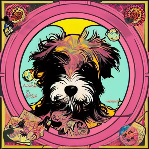 Prompt: havanese dog, sunset illustration, pop art, splash painting, art by geof darrow, ashley wood, alphonse mucha