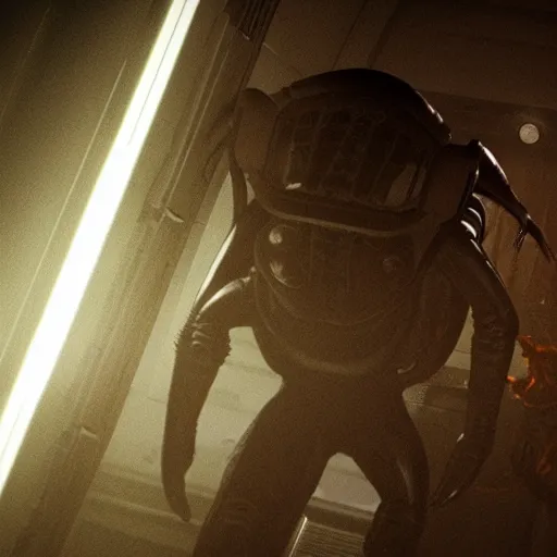 Prompt: alien running behind an astronaut in a space station corridor, alien! alien isolation, horror, highly detailed, 4 k, game screenshot, dark, white lightning