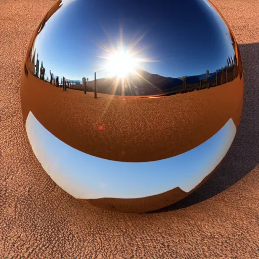 Image similar to a large copper ball with a mirror finish site in the arizona desert, photorealistic