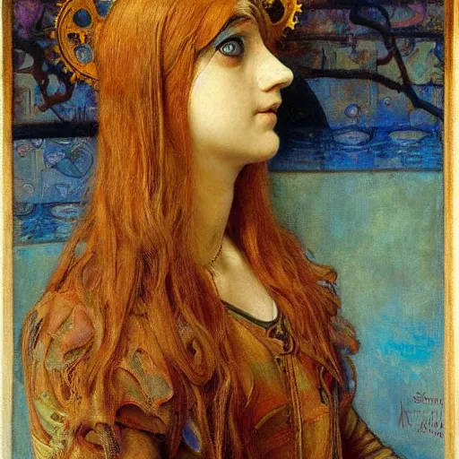 Image similar to a beautiful young clockwork girl wearing a bird mask, by annie swynnerton and diego rivera and elihu vedder, dramatic lighting, elaborate geometric ornament, head and shoulders view, soft cool colors, smooth, sharp focus, extremely detailed, adolf wolfli, donato giancola