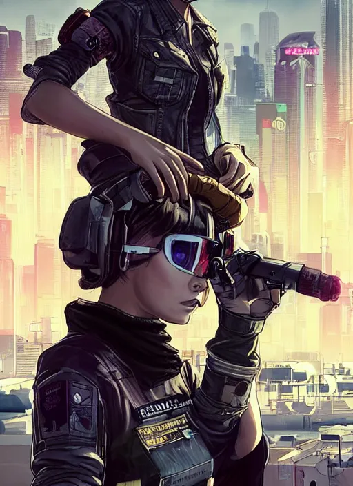 Image similar to Beautiful Sophia. gorgeous female cyberpunk mercenary wearing a cyberpunk headset, military vest, and jumpsuit. Gorgeous face. Concept art by Sherree Valintine Daines, James Gurney, and Laurie Greasley. Industrial setting. ArtstationHQ. Creative character design for cyberpunk 2077.