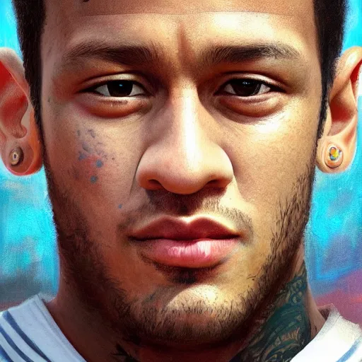 Prompt: photo of Neymar JR by wangchen-cg, 王琛, Neil blevins, Denis Sarazhin, matte painting, greg rutkowski, thomas kinkade, Artoast8P, Trending on artstation. 4k . realistic facial proportions, defined features