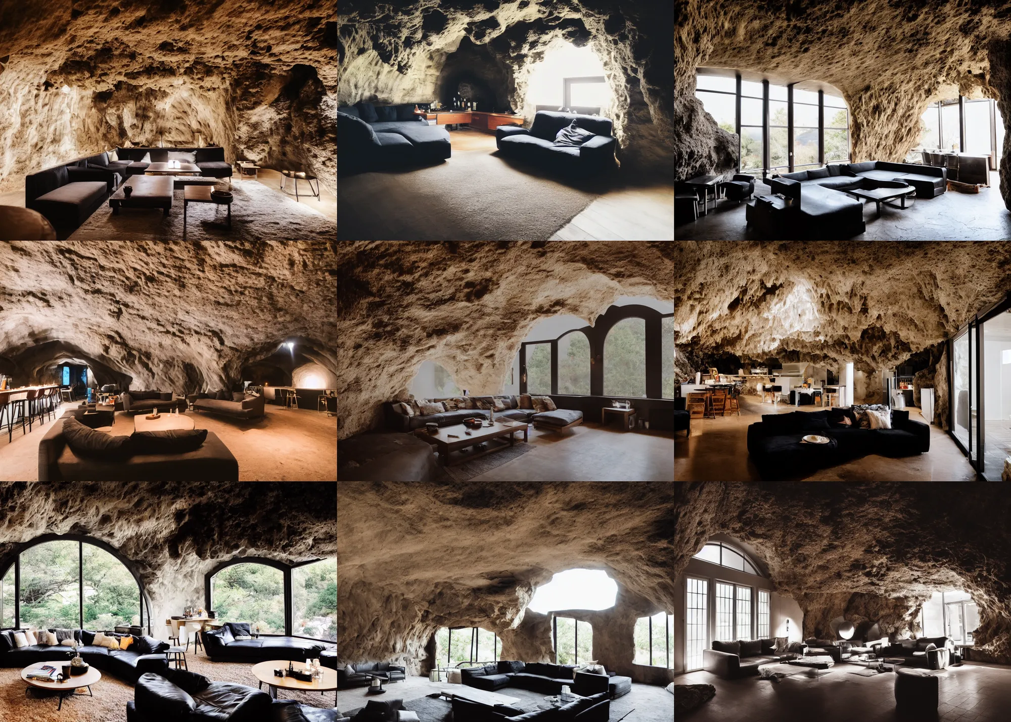 Prompt: subject level wide angle photography of the interior of a modern house inside a cave, comfort light, black furniture, arched tinted windows, a bar in the kitchen, big black couch, night