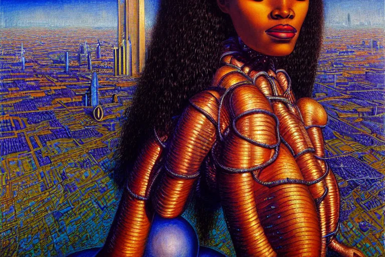 Prompt: realistic extremely detailed closeup portrait painting of a beautiful black woman in a dress with a robot, city street on background by Jean Delville, Amano, Yves Tanguy, Ilya Repin, William Holman Hunt, Ernst Haeckel, Edward Robert Hughes, Roger Dean, rich moody colours