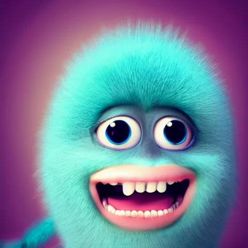 Image similar to a cute little monster baby with long fur, portrait, pixar style, extremely realistic photo, heaven background, cinematic lighting, award winning creature portrait photography