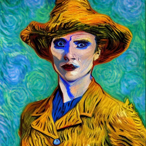 Prompt: Portrait painting of Gal Godot cosplaying as Vincent van Gogh Wonder Woman by Claude Monet, rendered in Unreal Engine, original Post Impressionist art