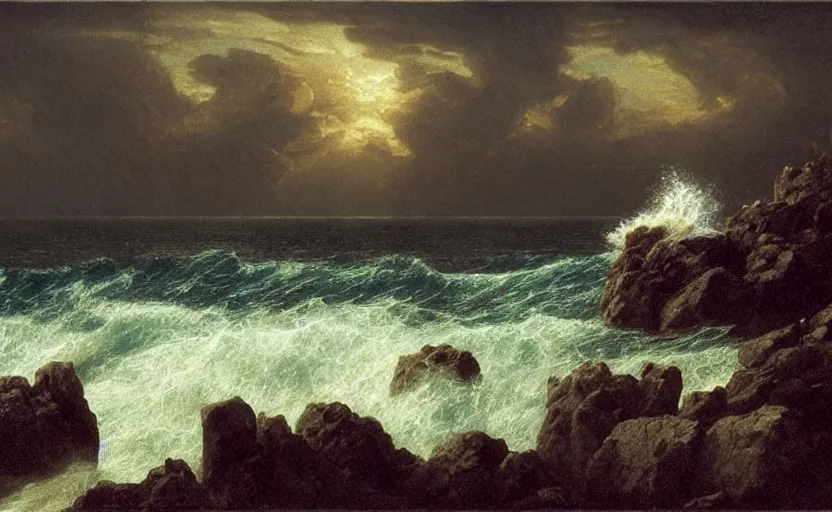 Prompt: large rock in the middle of the ocean, large waves, surrounded by water, dark skies, close up shot, rocky, at dusk, 4k, rule of thirds, extreme detail, hazy, intricate ink illustration, surreal, surrealist, trending on artstation, cgsociety, hd, complimentary colours, realistic lighting, by Albert Bierstadt, Frederic Edwin Church.