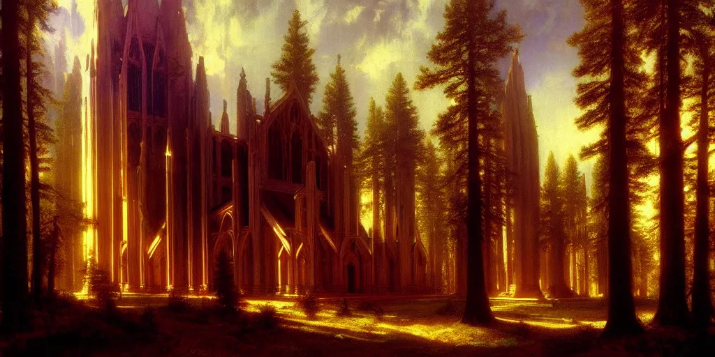 Prompt: the holy redwood cathedral by albert bierstadt, luminism, stunning detailed painting, trending on artstation, cinematic concept art