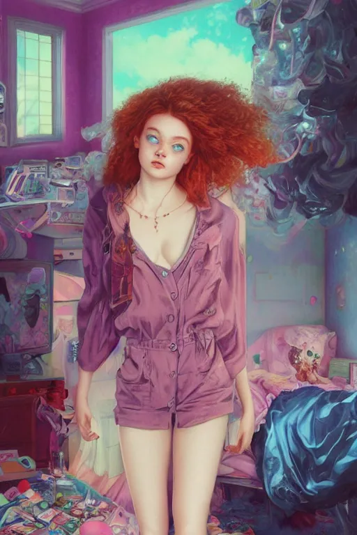 Image similar to sadie sink portrait of a vaporwave girl in a cluttered 9 0 s bedroom, by artgerm, tom bagshaw, gerald brom, vaporwave!, vaporwave colors!,, 4 k, lo fi colors, lo fi, 4 k, hd,
