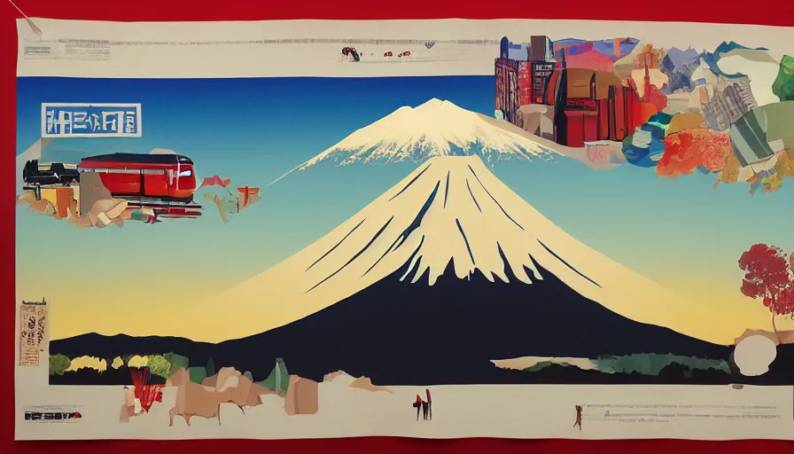 Image similar to award winning graphic design poster, cutouts constructing an contemporary art depicting a lone mount fuji and hills, rural splendor, and bullet train, isolated on white, and bountiful crafts, local foods, edgy and eccentric mixed media painting by Leslie David for juxtapose magazine
