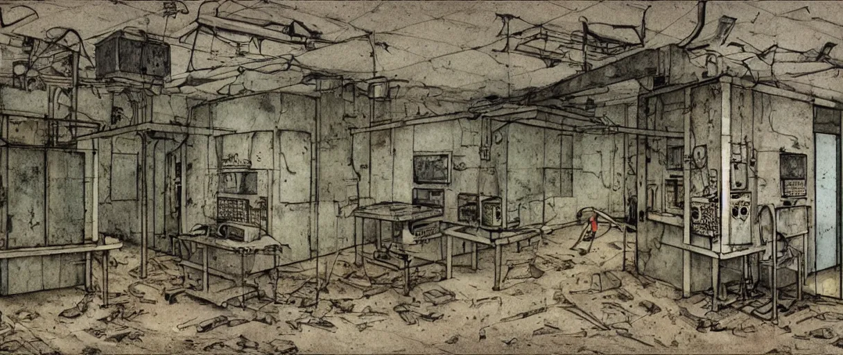 Image similar to abandoned laboroatory from cold war era, room full of cold war era computers, nuclear shelter, top secret industrial facillity, faded out colors, highly detailed muted colors, illustration by albrecht durer, fine art sketch