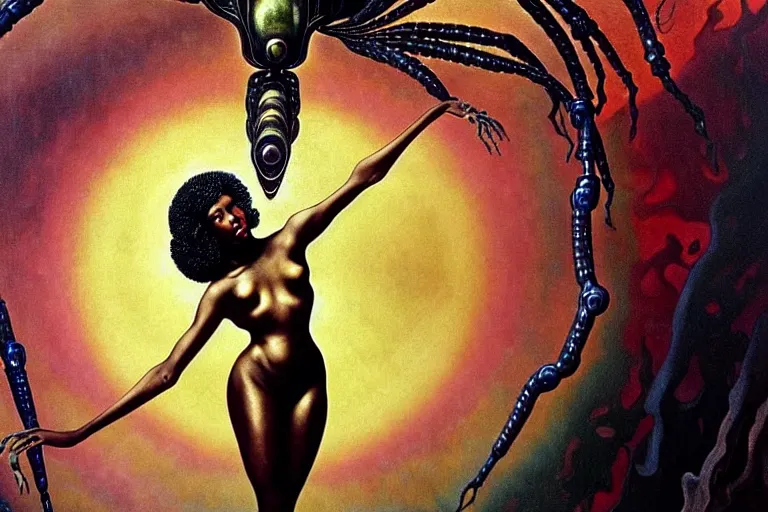 Image similar to realistic detailed closeup portrait movie shot of a beautiful black woman dancing with a giant spider, futuristic sci fi landscape background by denis villeneuve, jean deville, amano, yves tanguy, ernst haeckel, alphonse mucha, max ernst, caravaggio, roger dean, sci - fi necklace, fashion, masterpiece, rich moody colours