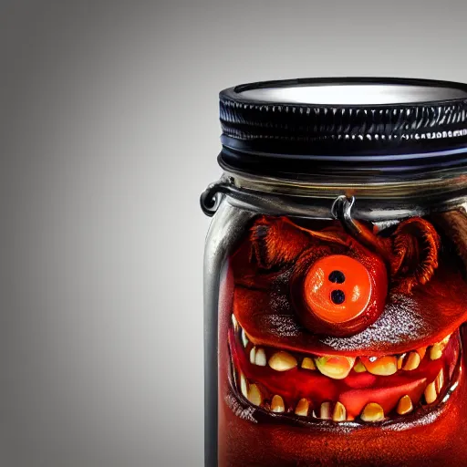 Image similar to Evil monster in a jar, product photography, centered, studio lightning