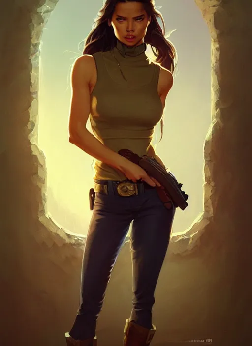 Image similar to portrait of a full body of beautiful young female detective, d & d, sleeveless turtleneck, fantasy, flat lighting, intricate, highly detailed, digital painting, artstation, concept art, smooth, sharp focus, illustration, adriana lima, art by simon bisley and greg rutkowski and alphonse mucha, natural tpose