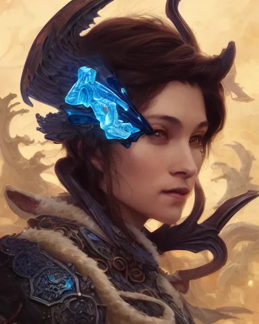 Prompt: Portrait of a Fantasy azure dragon hunter, HD, illustration, epic, D&D, fantasy, intricate, elegant, highly detailed, digital painting, artstation, concept art, smooth, sharp focus, illustration, art by artgerm and greg rutkowski and alphonse mucha