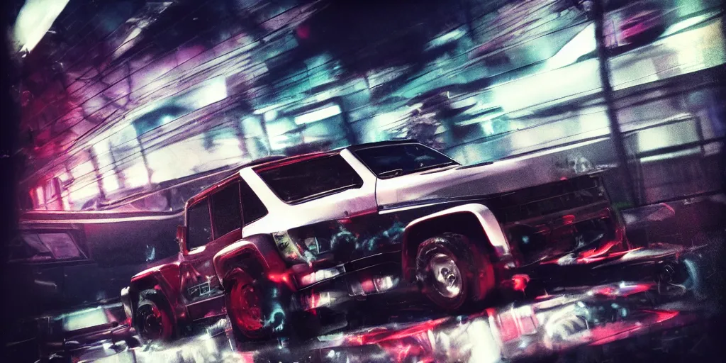 Prompt: abstract grainy polaroid of an itasha 1997 Jeep surrounded by massive floating ferrofluid, neon night, octane render, photorealistic, dark, atmospheric, insanely detailed, lights and shadows