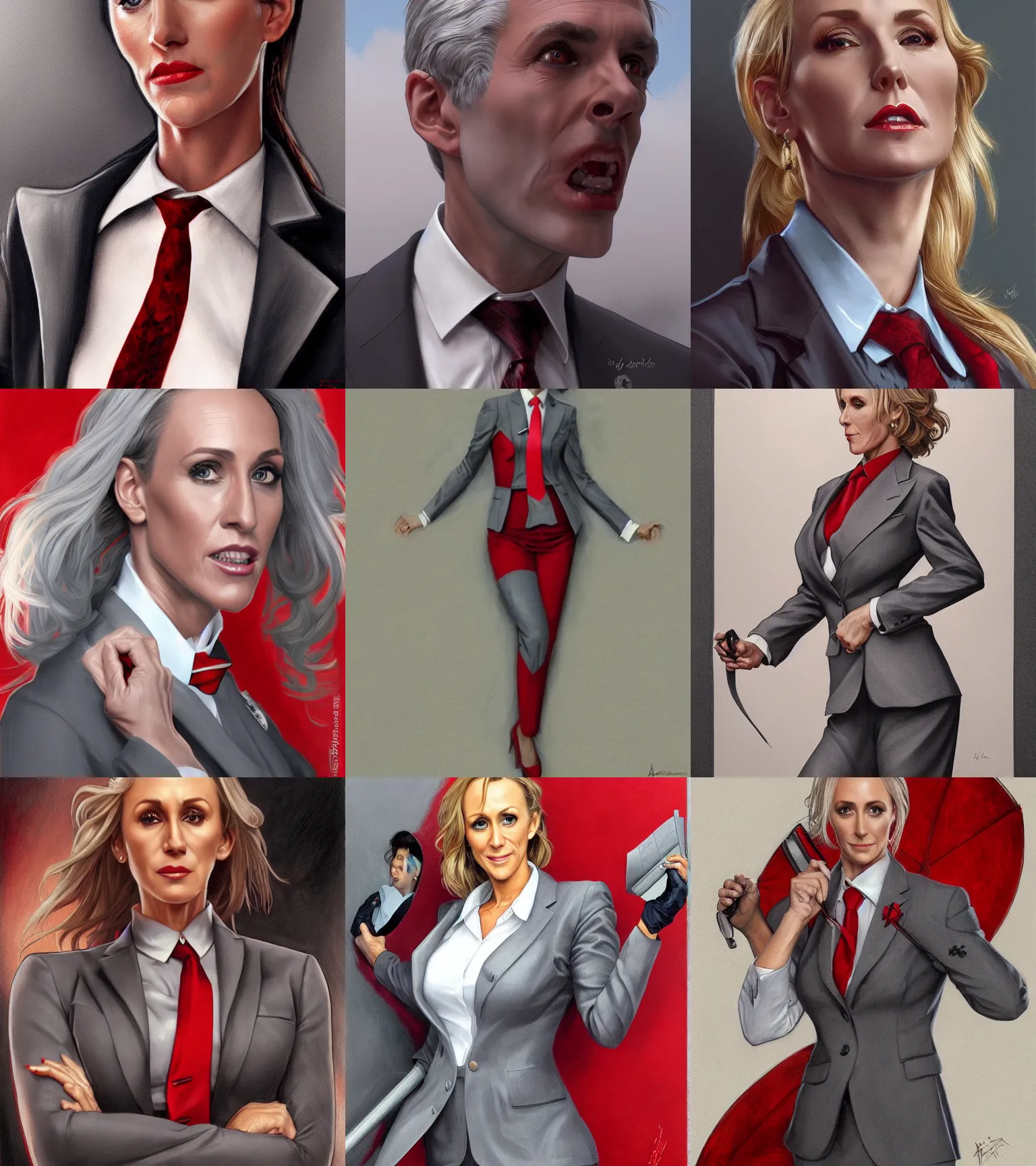 Prompt: brandi love wearing a business suit, grey hair, red necktie, cinematic, stunning, highly detailed, digital painting, artstation, smooth, hard focus, full body shot, illustration, art by artgerm and greg rutkowski and alphonse mucha