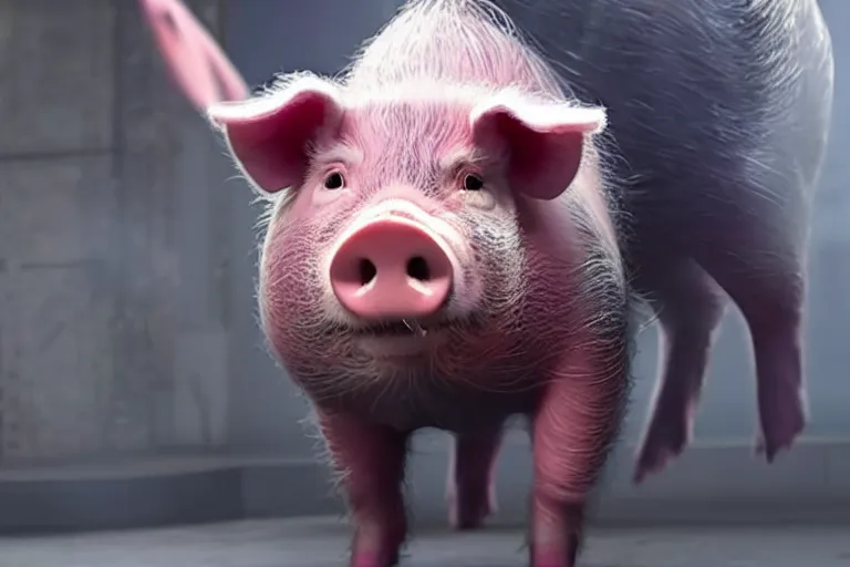 Image similar to full body live action pig wearing spandex spider-man costume, ultra realistic, 4K, movie still, UHD, sharp, cinematic