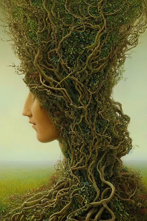 Image similar to Intricate stunning highly detailed portrait of mother earth, 🌱, by agostino arrivabene and Vladimir Kush, surreal, digital painting, ultra realistic, dramatic lighting, twisted vines, lush plants, pristine water, artstation