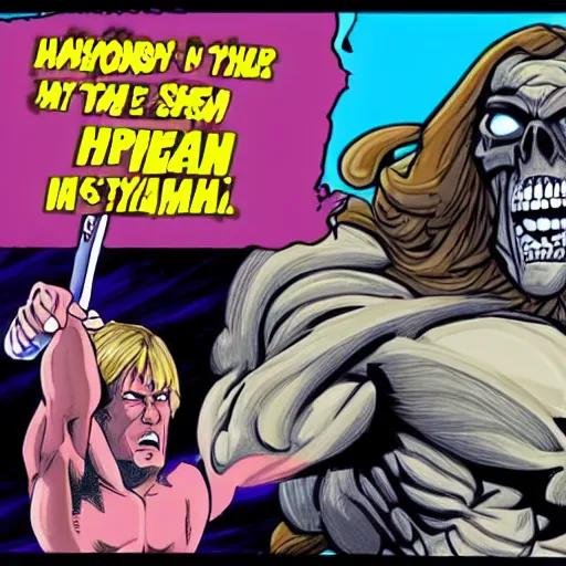 Image similar to he - man fights skeletor hyper realistic in the white house