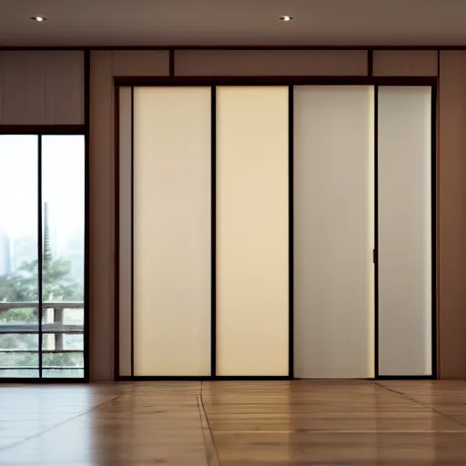 Prompt: still photo of a japanese hallway with sliding doors, highly detailed, photorealistic portrait, bright studio setting, studio lighting, crisp quality and light reflections, unreal engine 5 quality render