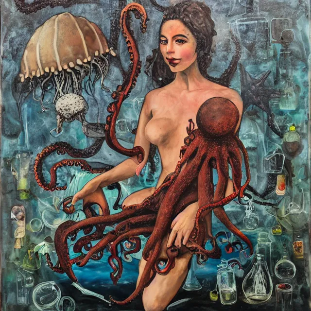 Prompt: a dark portrait of female art student holding an octopus, jellyfish, shipwreck, berries, trash, starfish, coral, rocks, intertidal zone, empty pet bottles, scientific glassware, neo - expressionism, surrealism, acrylic and spray paint and oilstick on canvas