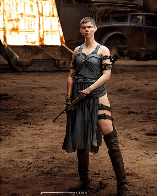 Image similar to photoshoot of ana taylor - joy dressed as a young imperator furiosa in mad max fury road prequel, photoshoot in the style of annie leibovitz, george miller, studio lighting, soft focus 9 mm lens, bokeh