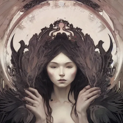 Prompt: A portrait of An angel in black flames by Ross Tran!!! and alphonse mucha!! and greg rutkowski!! and Zdzisław Beksiński!!!,In style of digital art illustration.Dark Fantasy,darksouls,Ray tracing,Rembrandt lighting,smooth,hyper detailed,sharp focus,Soft light.trending on artstation.4k