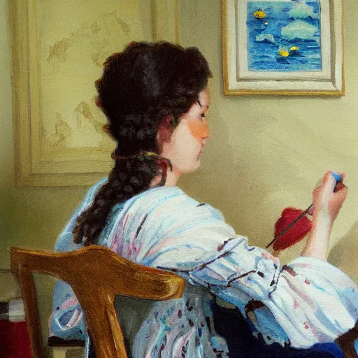 Image similar to painting young European woman crochetting