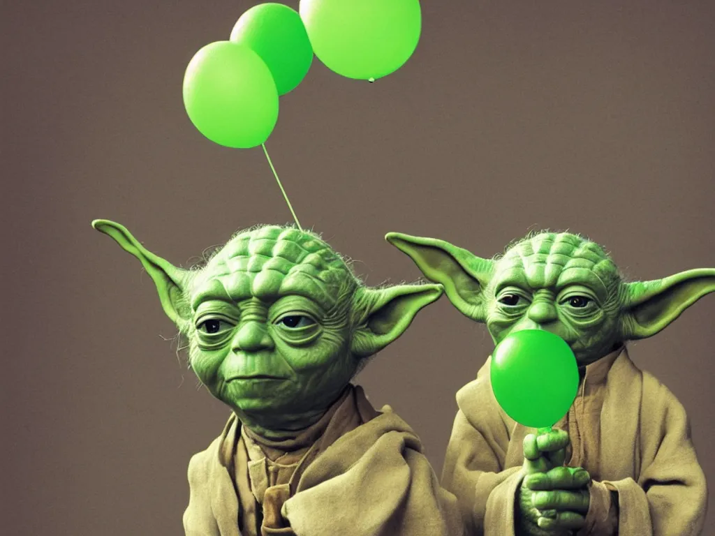 Prompt: a photo of yoda holding a green balloon in the tokyo suburbs by wes anderson, highly detailed, trending on artstation