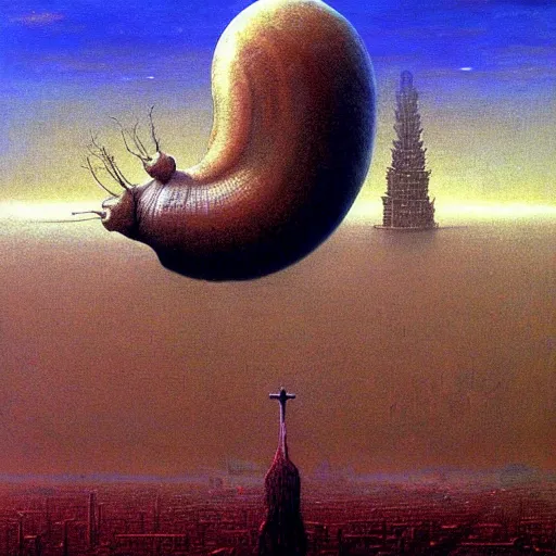 Prompt: a giant holy snail stands over a city painting by beksinski, barlowe colors. masterpiece painting