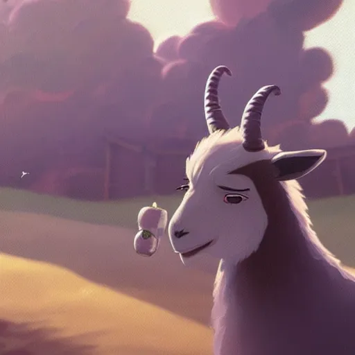 Image similar to a wholesome animation key shot of a goat smoking a joint, studio ghibli, pixar and disney animation, sharp, rendered in unreal engine 5, anime key art by greg rutkowski, bloom, dramatic lighting