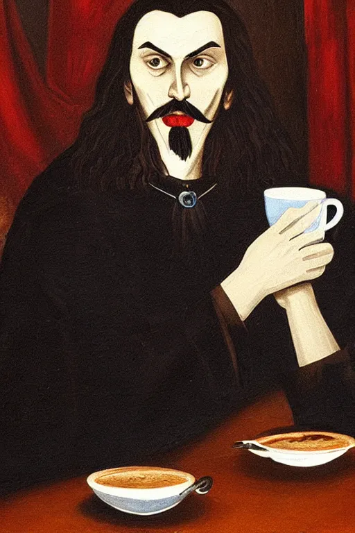 Prompt: portrait of vlad tepes sitting at a window table in a coffee shop