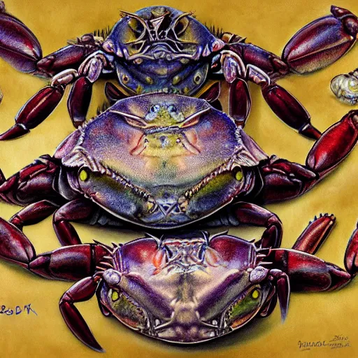 Prompt: detailed and sharp crab zodiac artwork, mystic style, detailed, 8 k, detailed, symmetrical, by brian froud