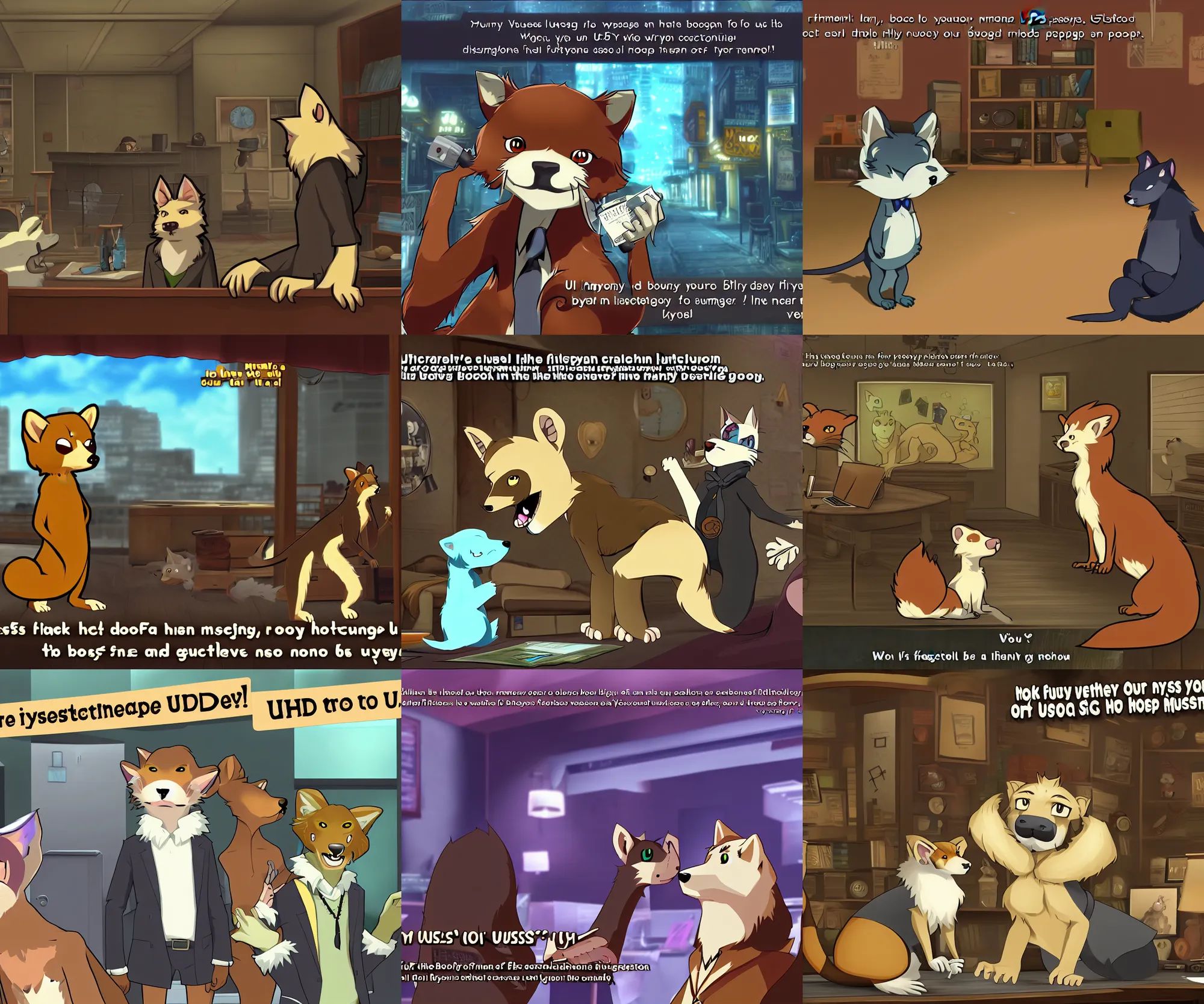 Prompt: furry - weasel - detective - fursona uhd ue 5 visual novel pc game screenshot : mystery of the booped snout