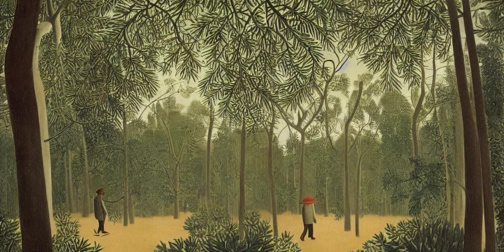 Image similar to a beautiful illustration of a man walking through the forest, he is wearing a cape covered with pinecone scales, by henri Rousseau, 8k, 4k