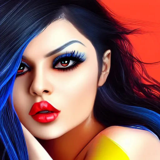 Prompt: portait of haifa wehbe, perfect lips, long hair blue yellow centred, hd, digital painting, unreal engine, final fantasy style, amazing red orange background theme