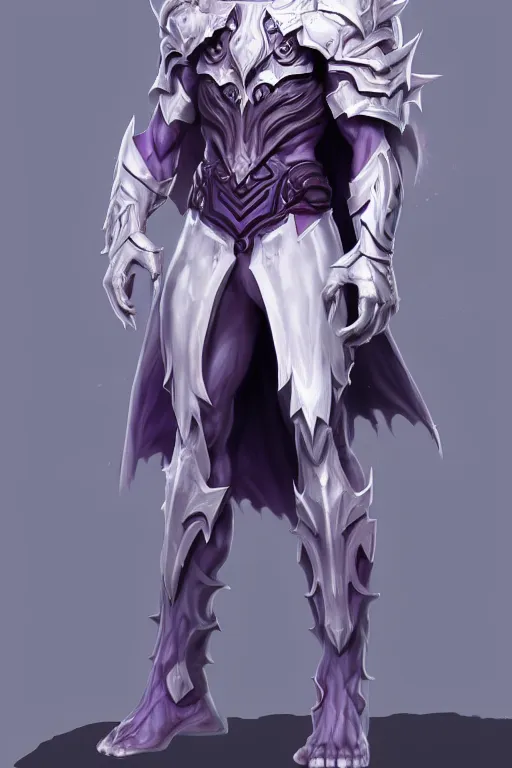Prompt: human male demon, full body white purple cloak, hero, heavy scale armor, character concept art, costume design, black eyes, white horns, trending on artstation, Artgerm , WLOP