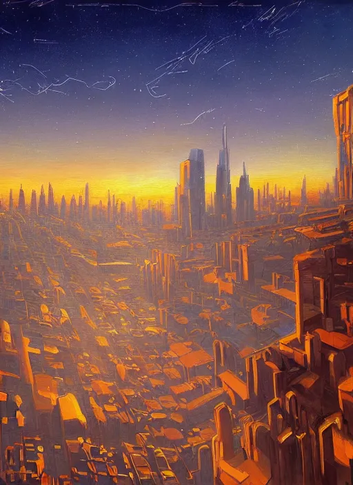 Image similar to ethereal starlit city at sunset, italian futurism, da vinci, Josan Gonzalez