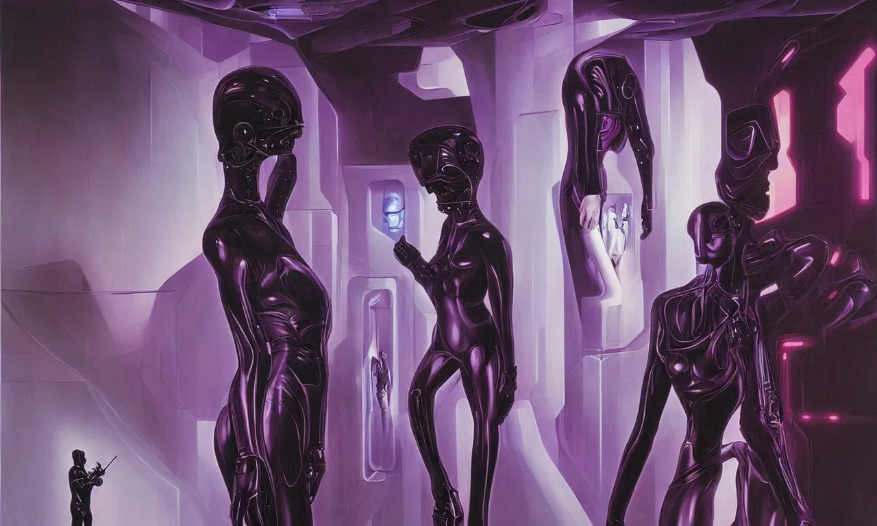 Image similar to futuristic painting by wayne barlowe. portrait of a slick futuristic cyborg with lcd screen skin looking at a painting of a beautiful woman staring at them. juxtaposition. intricate details