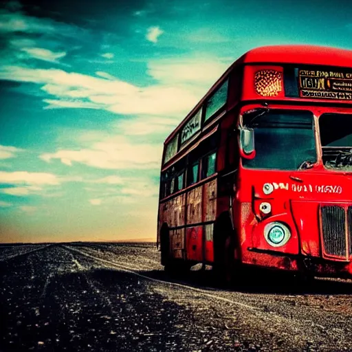 Image similar to photo of a red bus in desert, mad max fury road style, dynamic, fast moving