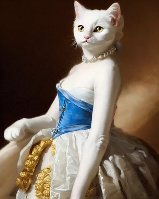 Image similar to cute white cat with blue eyes wearing frilly dress, baroque rococo fashion, royal portrait, elegant, regal, joseph ducreux, greg rutkowski