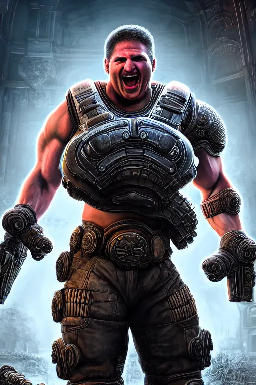 Image similar to Jordan B. Petterson as a muscular Gears of War character laughing, photorealism, half body, HDR ambient background, unreal engine 5, hyperrealistic, highly detailed, XF IQ4, 150MP, 50mm, F1.4, ISO 200, 1/160s, cinematic lights, Adobe Lightroom, photolab, Affinity Photo, PhotoDirector 365, realistic