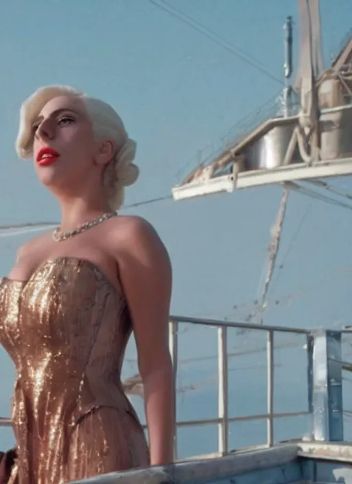 Prompt: movie still of a lady gaga with a very big sweaty bust, standing on the upper deck outside, titanic ship exterior, directed by Quintin Tarantino