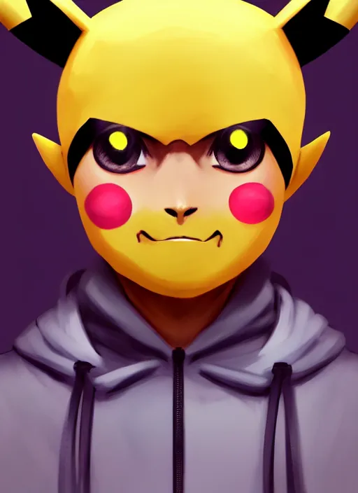 Prompt: a portrait of humanization of pikachu from pokemon show, man, grim - lighting, high - contrast, intricate, elegant, highly detailed, digital painting, artstation, concept art, smooth, sharp focus, illustration