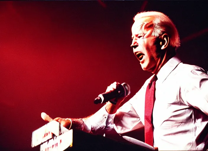 Image similar to publicity photo still of joe biden in gwar live on stage 1 9 9 8, 8 k, live concert lighting, mid shot