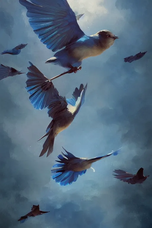 Image similar to birds flying, flock of blue birds, oil painting, sunlit, paint texture, digital painting, highly detailed, artstation, sharp focus, illustration, concept art, ruan jia, charlie bowater, tom bagshaw, norman rockwell