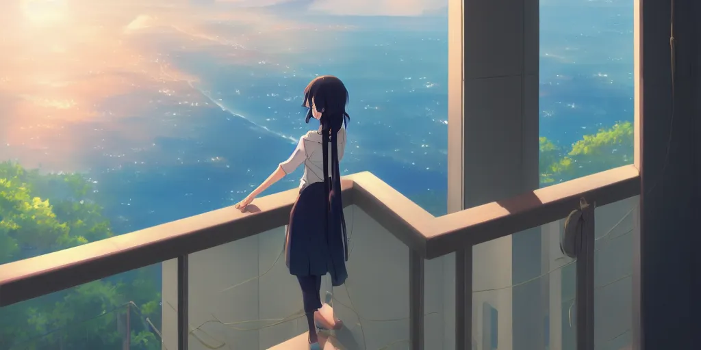 Prompt: beautiful anime painting of a woman looking out of the balcony of her apartment to the coast below, daytime, by makoto shinkai, kimi no na wa, artstation, atmospheric.