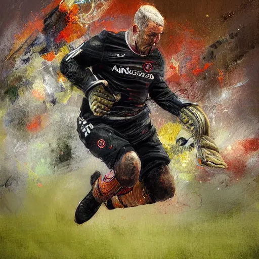 Image similar to A realistic hyperdetailed multi-colored digital oil full body portrait painting of a fat goal keeper jumping saving a shot, black jersey, in the style of Guy Denning, Ruan Jia, and Craig Mullins. Trending on ArtStation and DeviantArt. CGSociety Digital art.